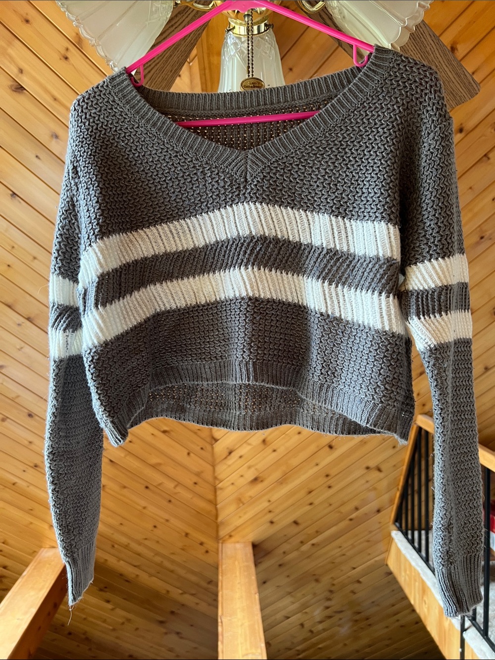 Gray and White Striped V-Neck Women’s Sweater